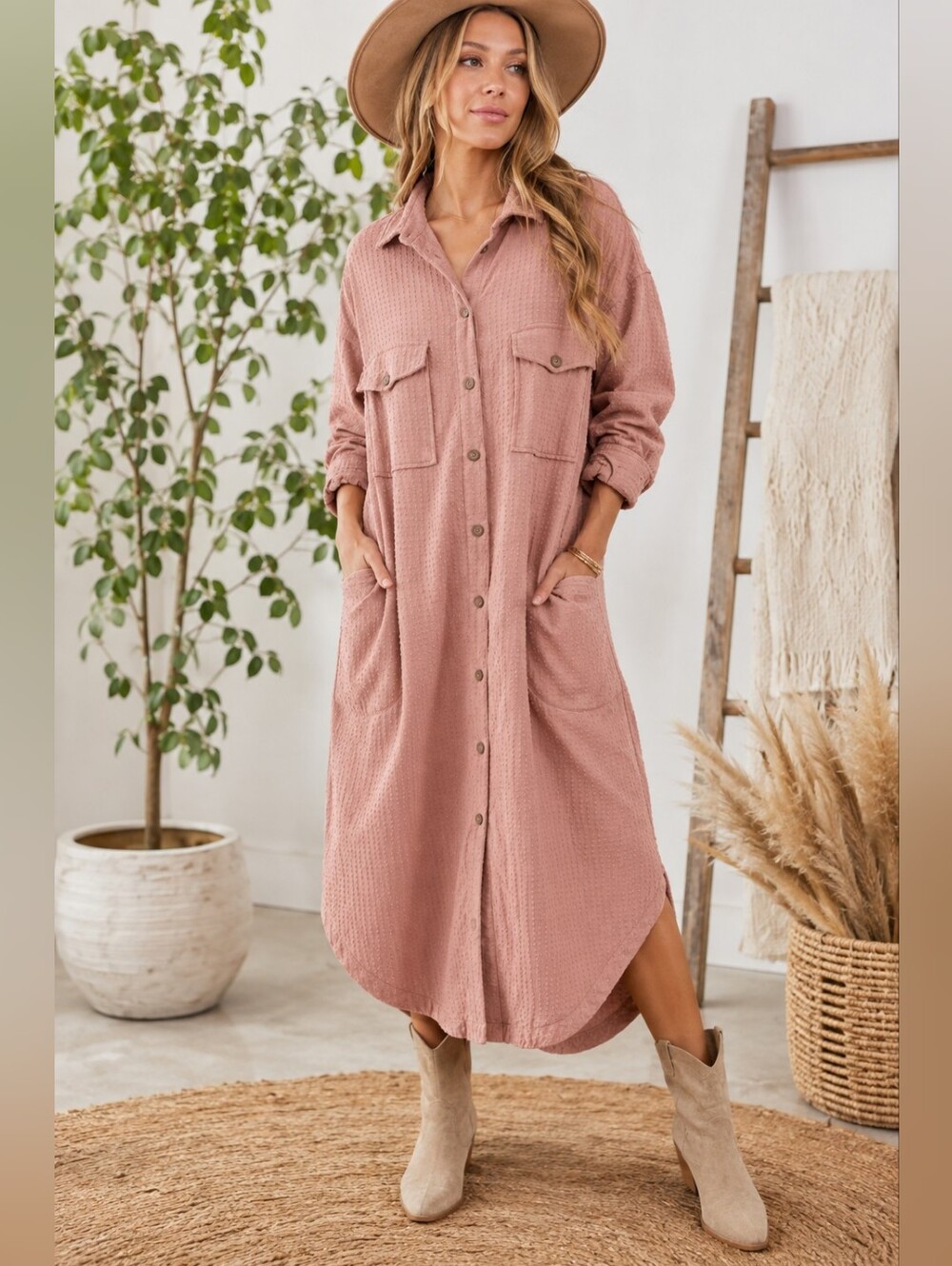 Free People Washed Rose Textured Hobnail Maxi Shirt Dress XL Boho Button Front - Picture 5 of 13